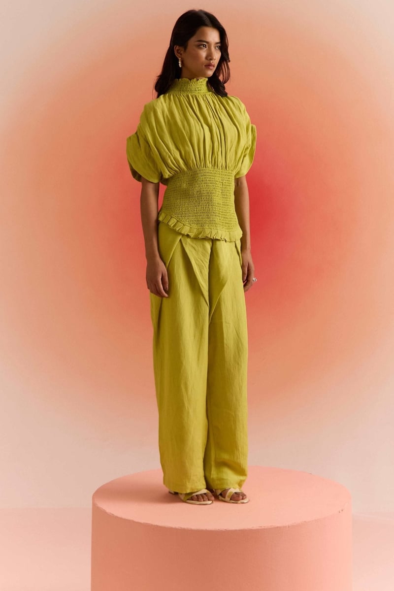 Lime Green Wrap-Front Wide-Leg Trousers