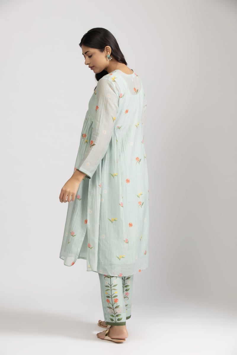 Ice Blue Floral A-Line Kurta Set with Embroidered V-Neck