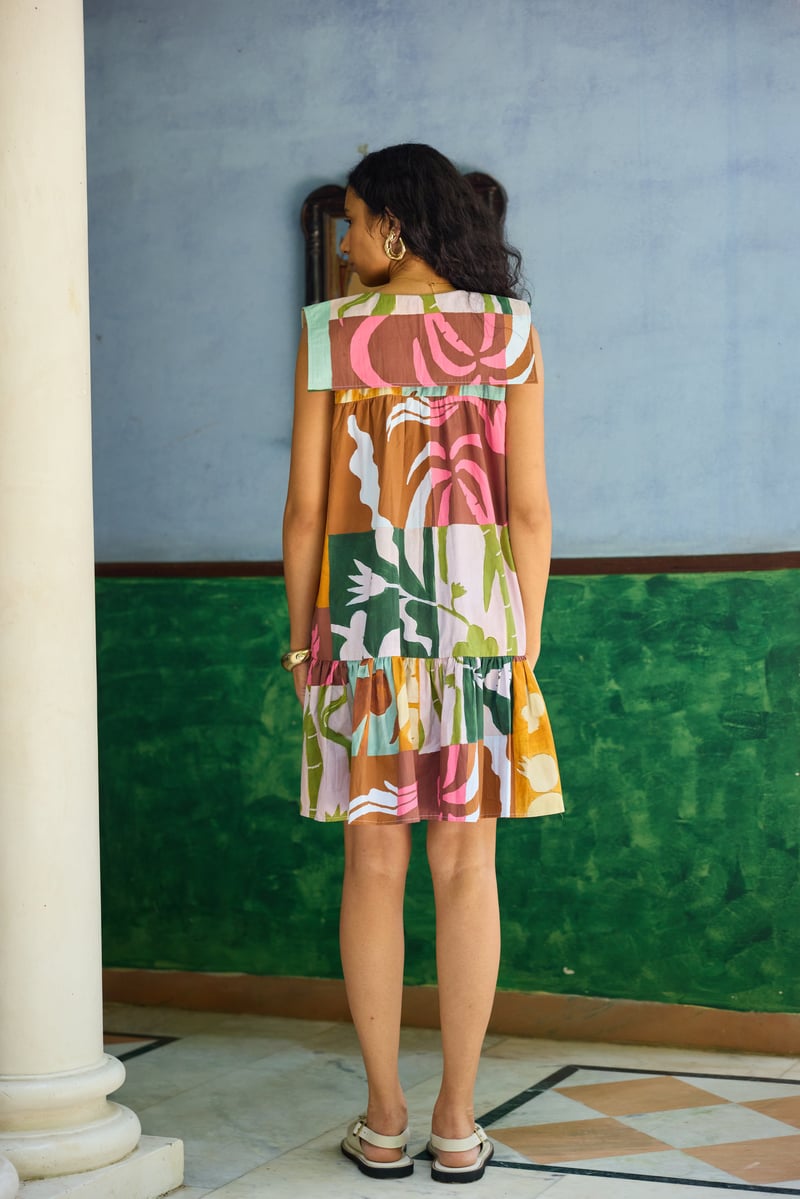 Multicolor Abstract Printed Poplin Tiered Mini Shift Dress