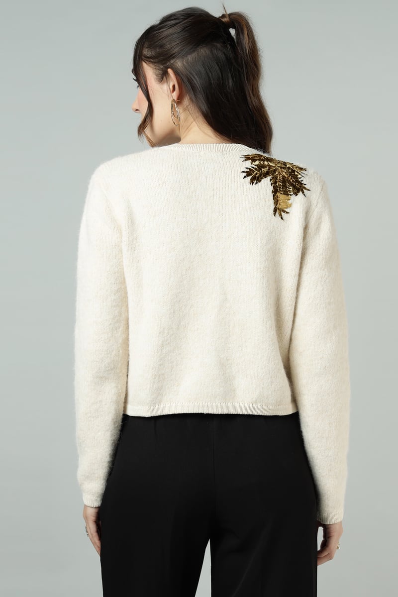 Off-White Cropped Knit Cardigan with Sequin Shoulder Detail