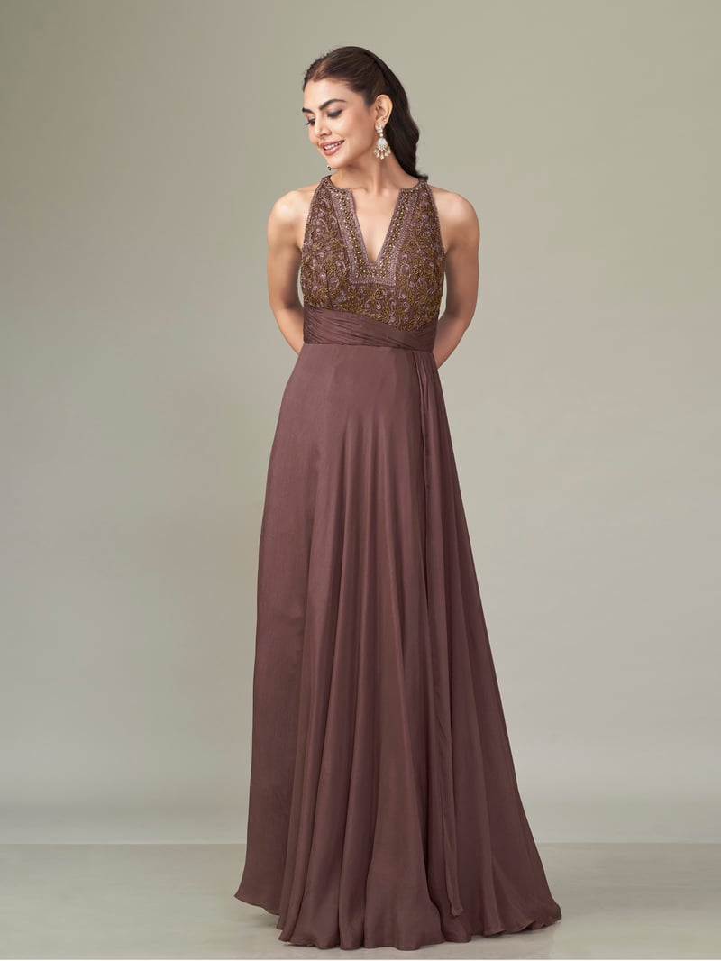Dusty Rose Chiffon Halter-Neck Embroidered Maxi Gown