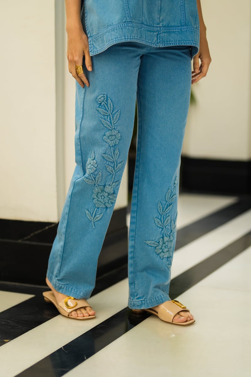 Blue Denim Embroidered Co-ord Set with Zip-Front Top