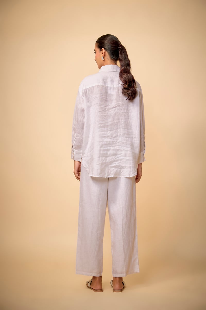 White Linen Wide-Leg Relaxed-Fit Trousers