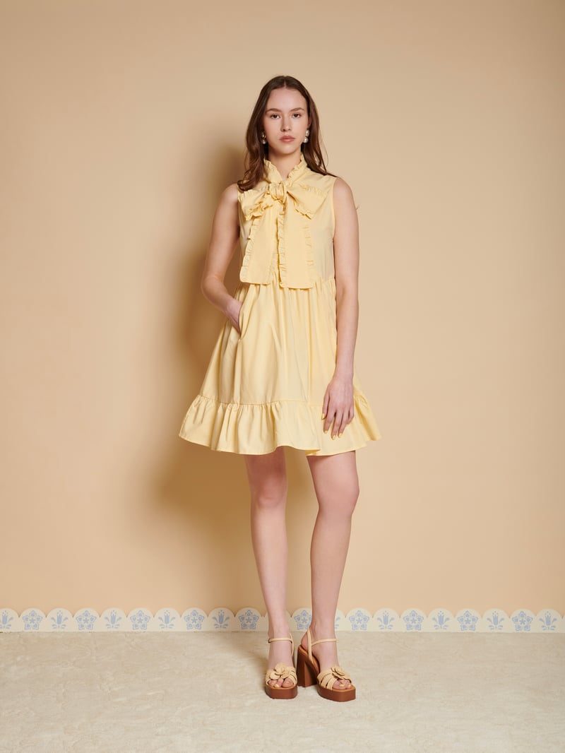 Yellow High Neck Bow Detail Tiered Mini Dress