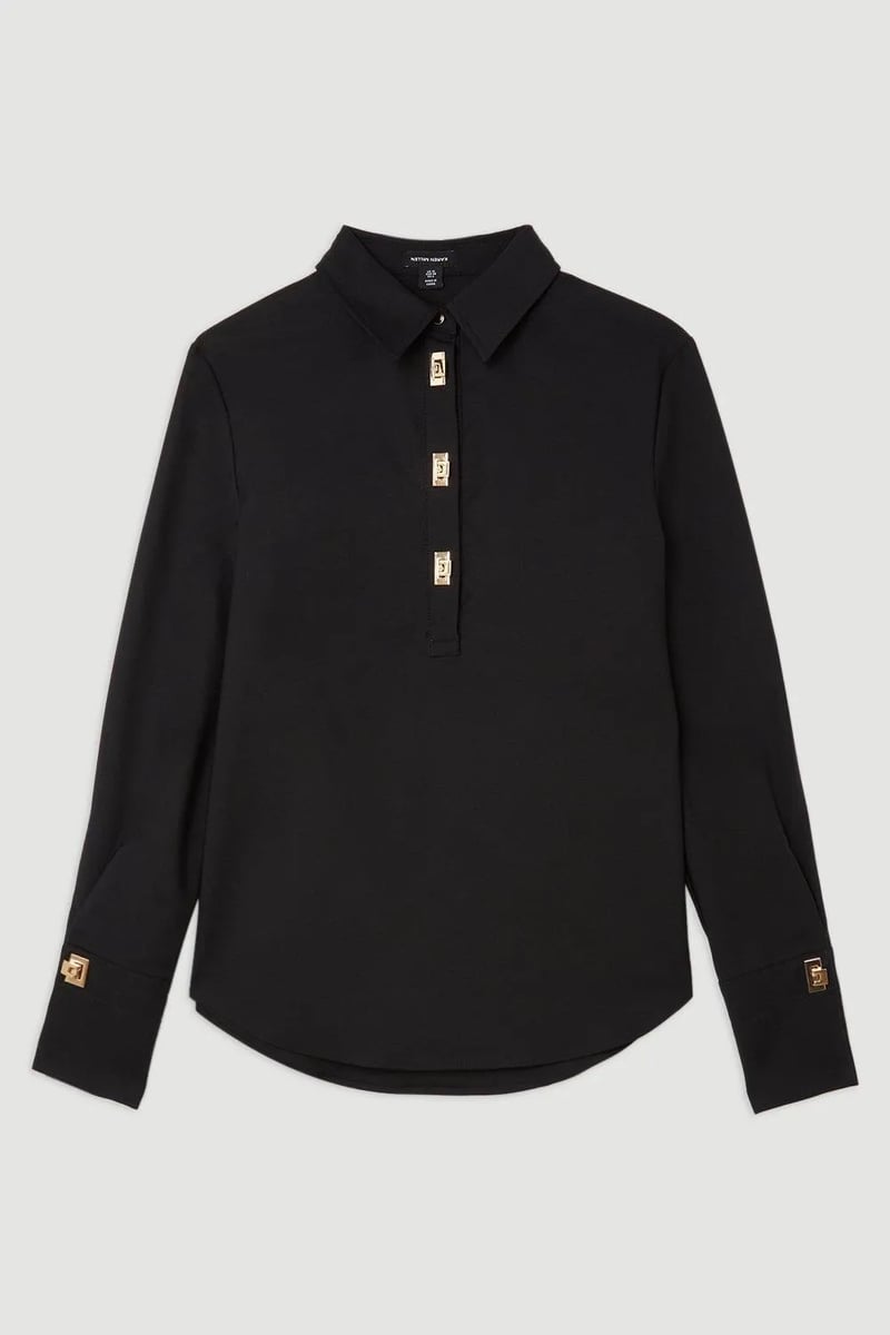 Black Collared Hardware-Button Placket Shirt