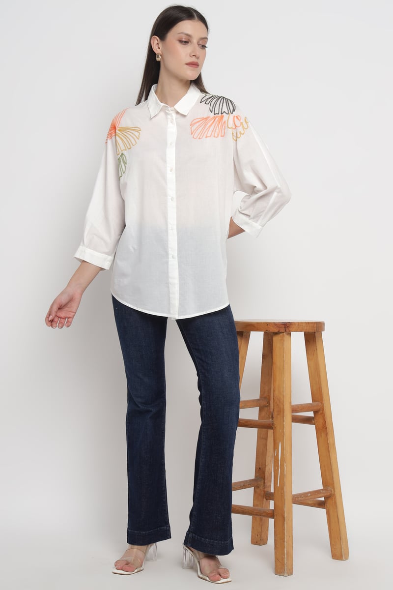 White Cotton Shirt with Leaf Embroidery