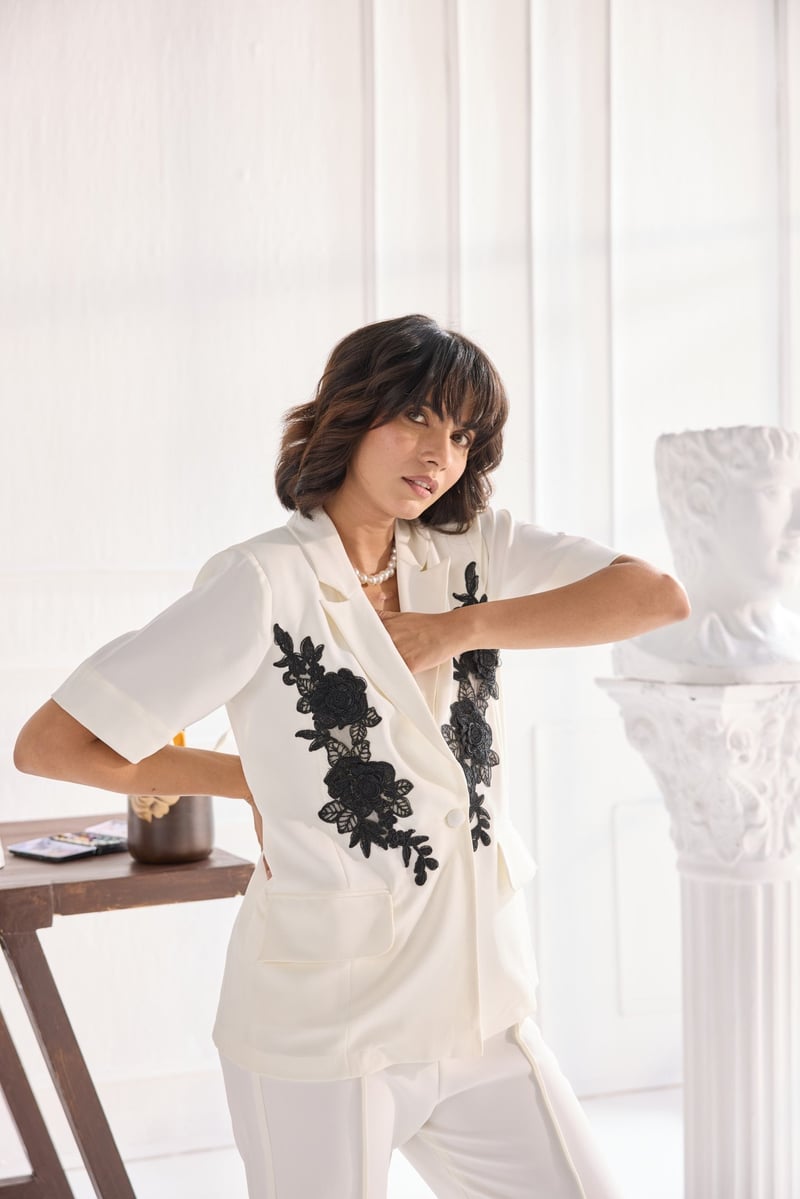 Ivory Blazer and Straight Pants Co-ord Set with Lace Applique