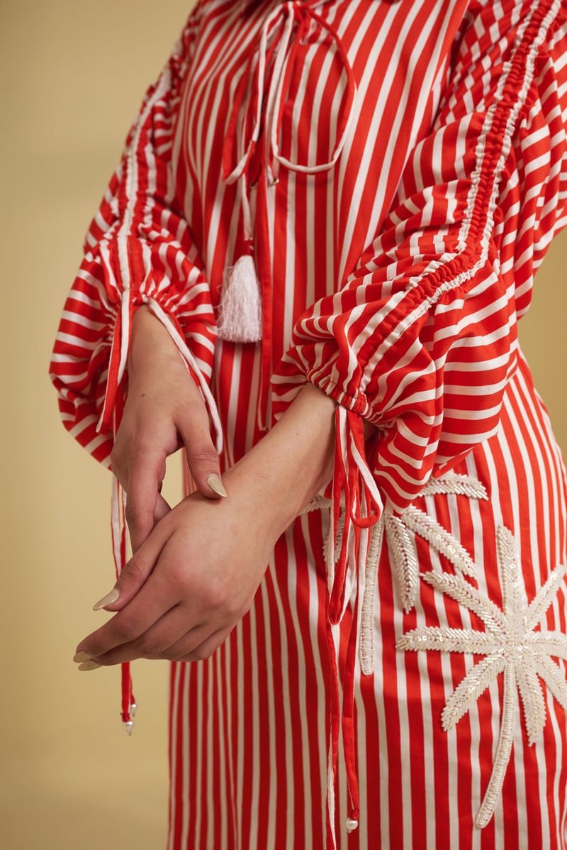 Red and White Striped Mini Shirt Dress with Palm Motif