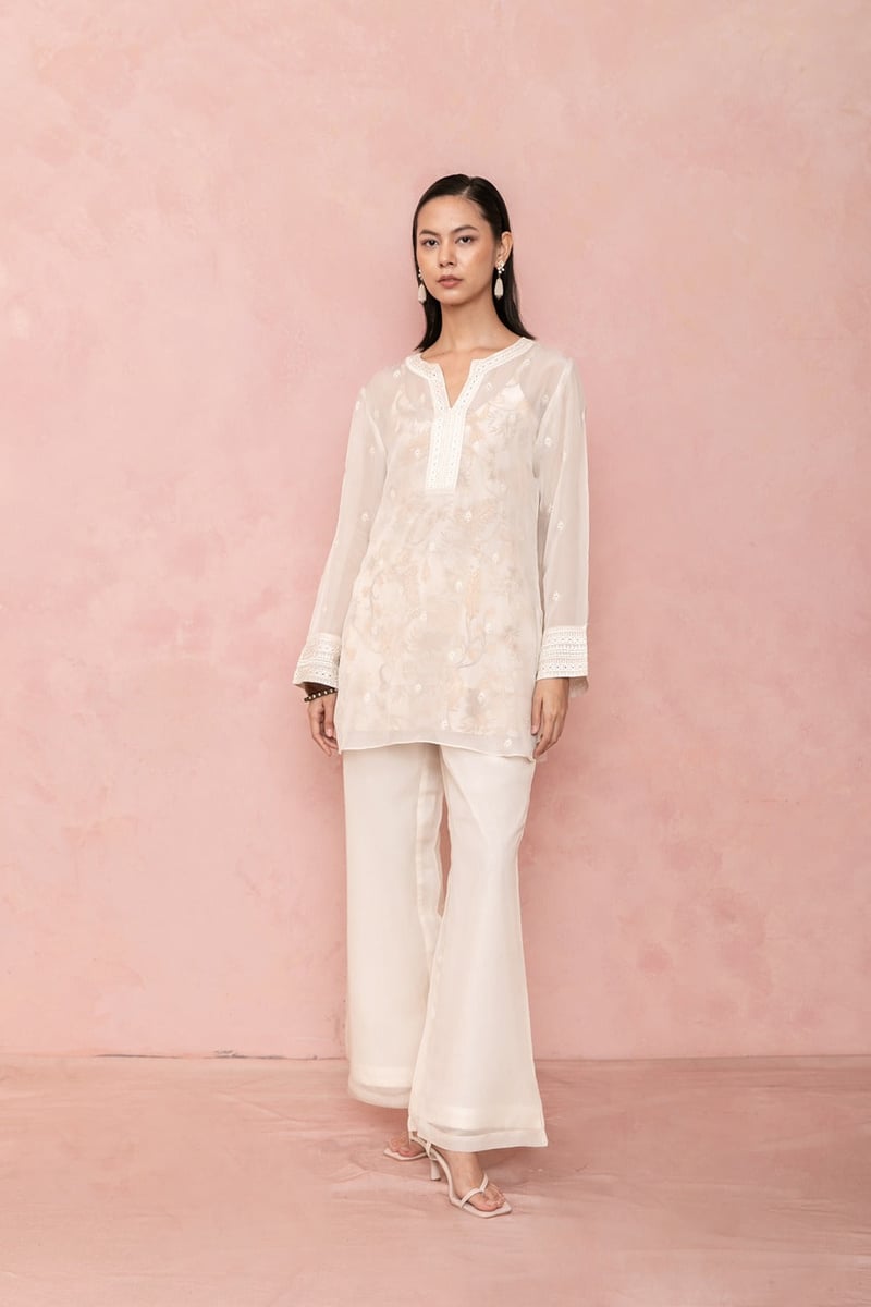 Ivory Sheer Organza Schiffli Tunic and Flared Pants Set