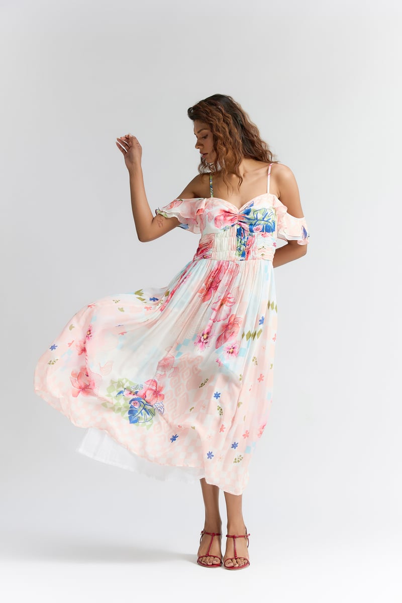Multi Coloured Silk Abstract Floral Printed Dress