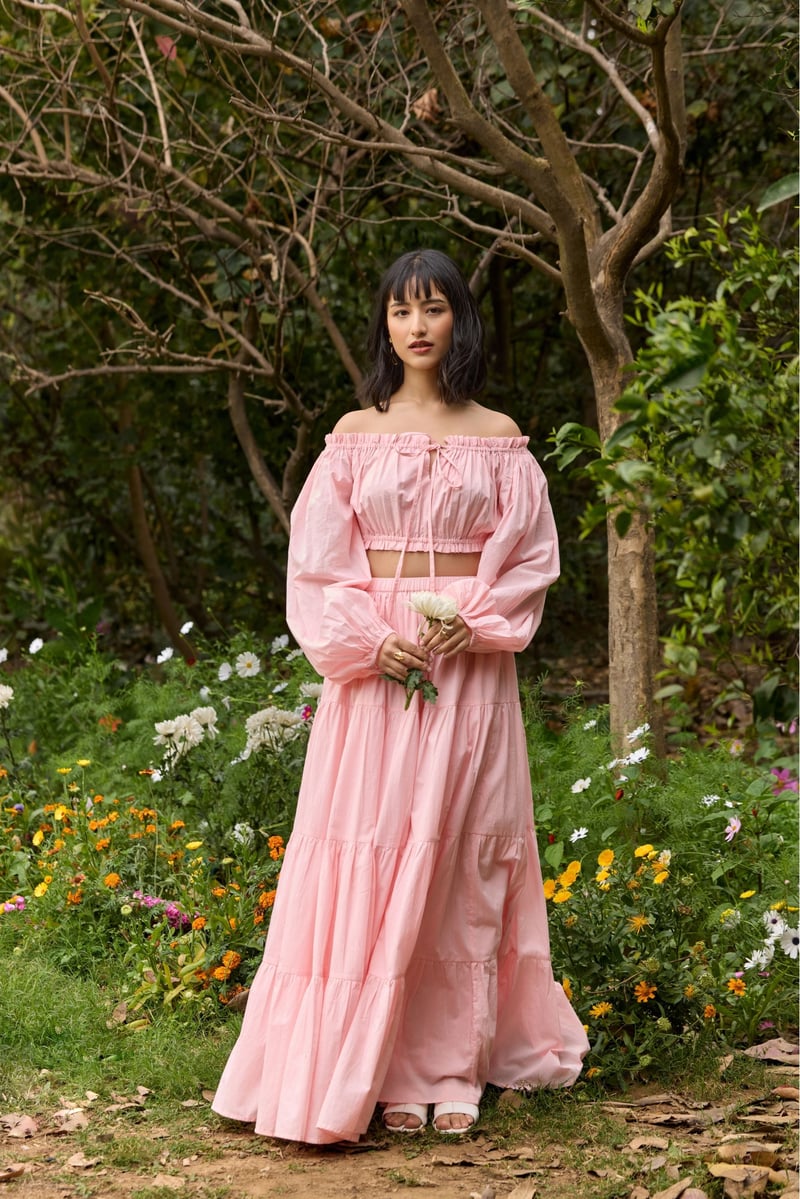 Pink High-Waist Tiered Maxi Skirt