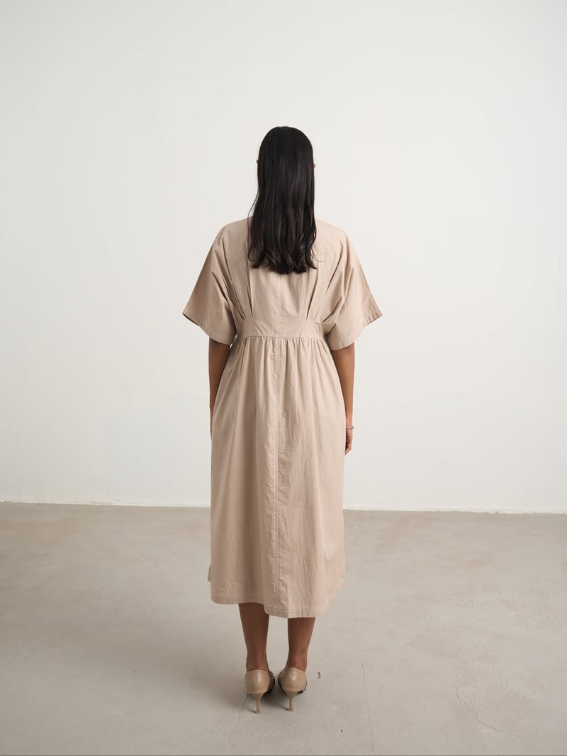 Beige Embroidered Button-Down Cotton Midi Shirt Dress