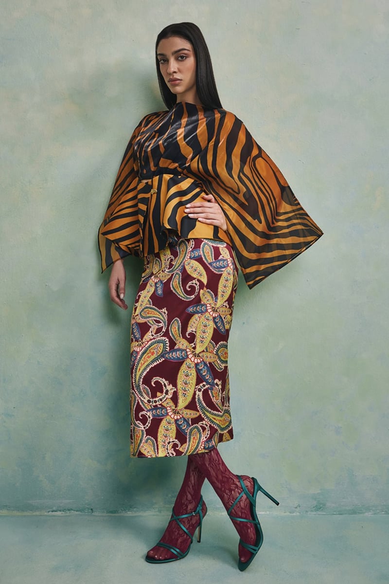 Black/Yellow Zebra Print Cape Sleeve Flared Top