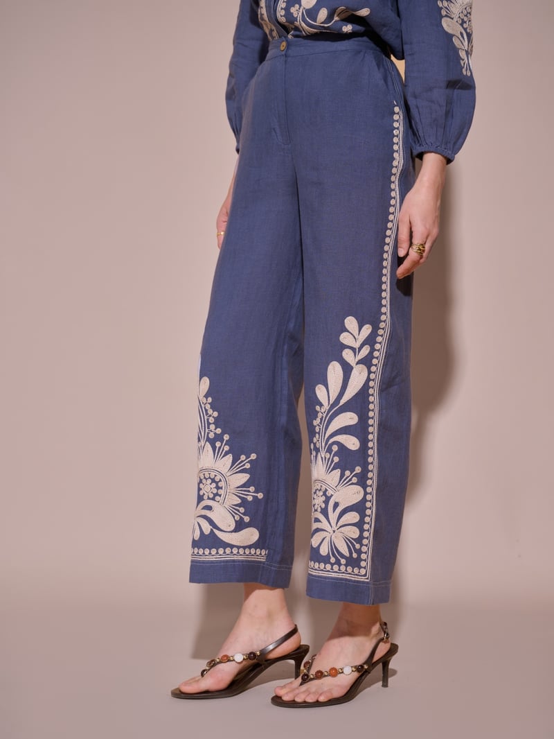 Blue High-Rise Wide-Leg Embroidered Trousers