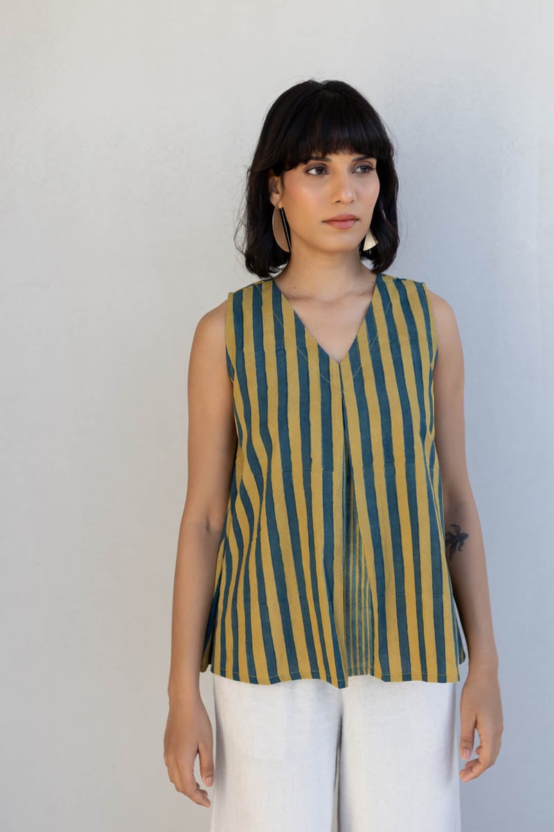 Mustard and Teal Striped Sleeveless V-Neck Cotton Top