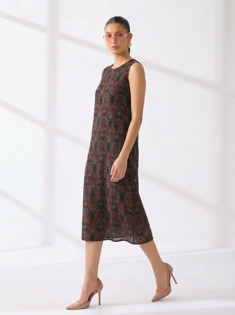 Black Printed Sleeveless Midi Shift Dress