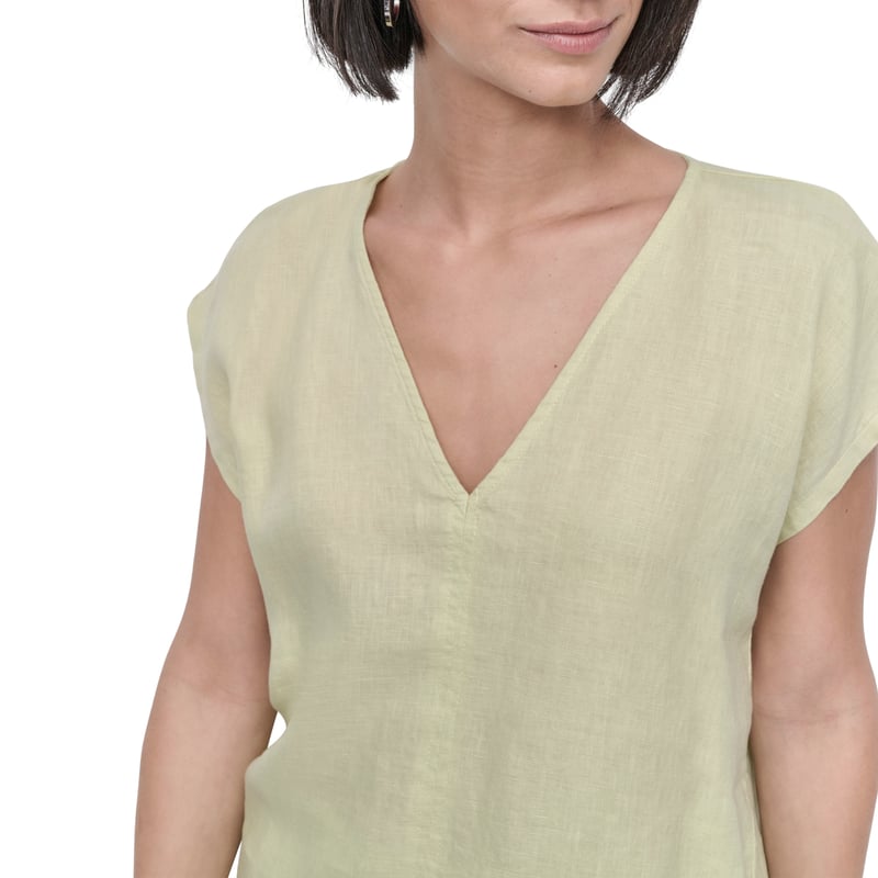 Tea Green Linen V-Neck Half Sleeve Pullover Top