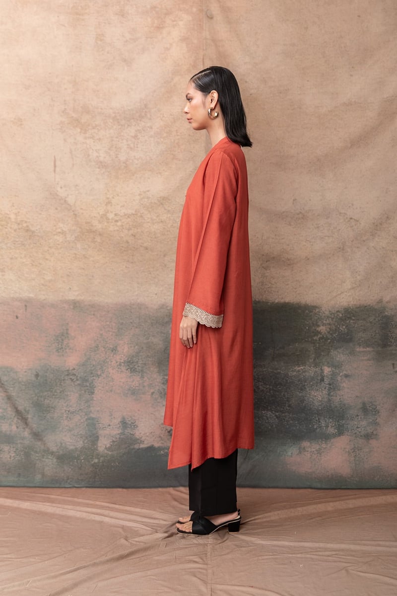 Rust Asymmetric Long Muslin Kurta with Lace Cuffs