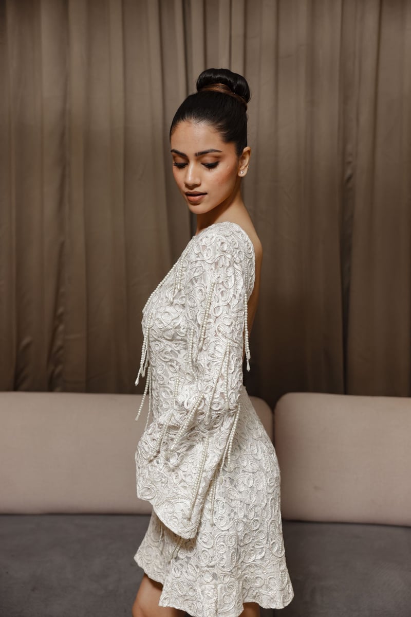 Ivory Textured Embroidered Open-Back Mini Dress