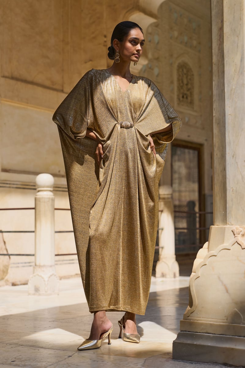 Gold Metallic Draped Maxi Kaftan with V-Neck