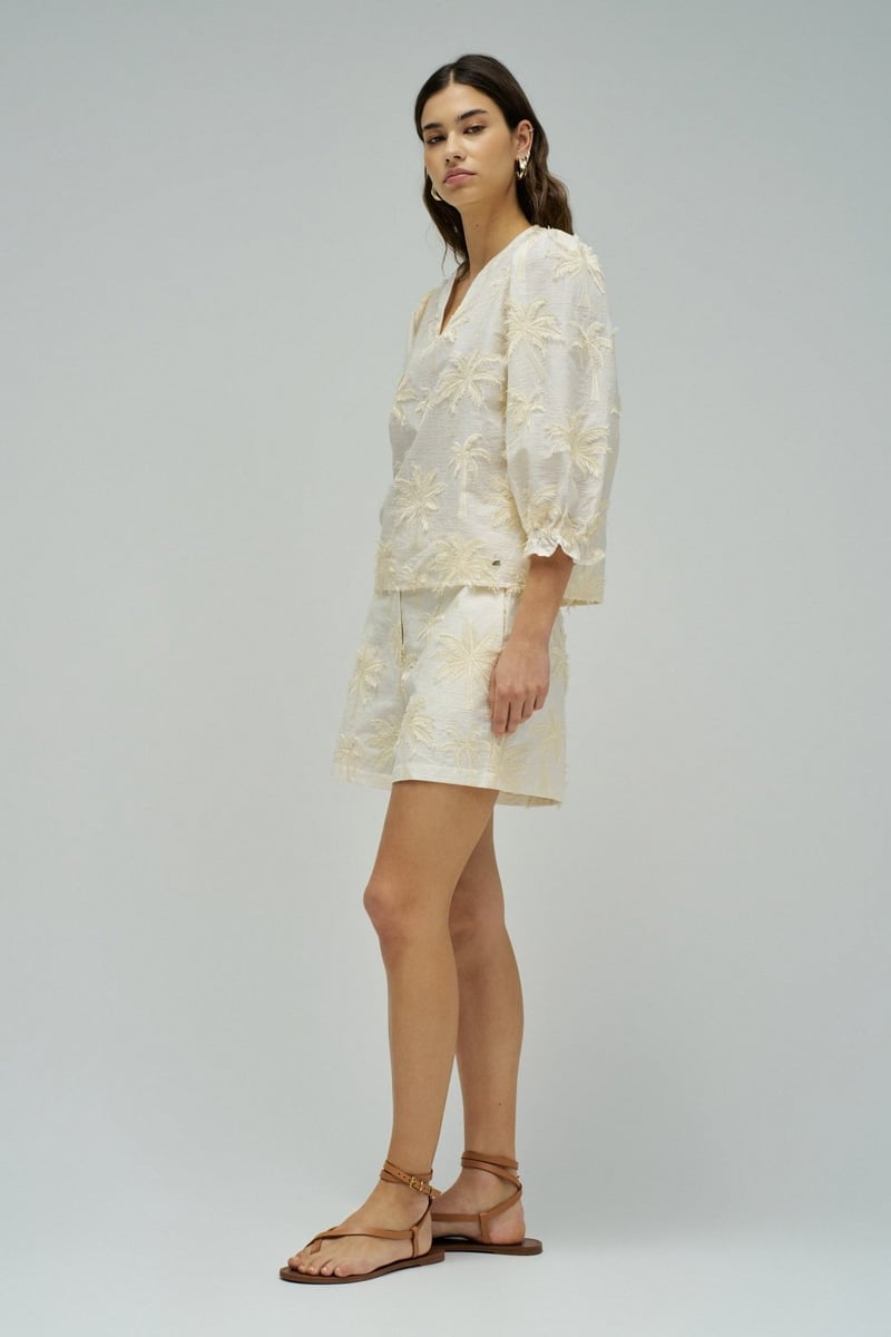 Light Pearl Palm Embroidered V-Neck Top