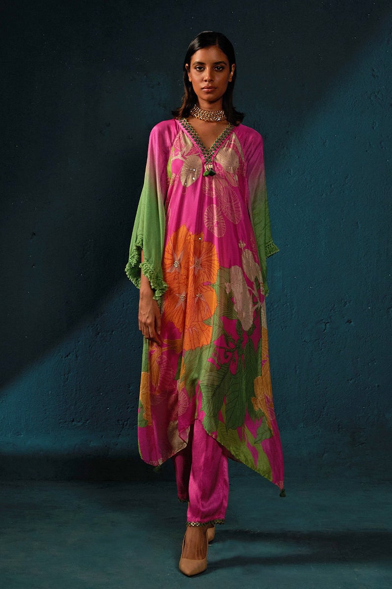Pink Floral Printed Asymmetrical Kurta Set with Cape Sleeves