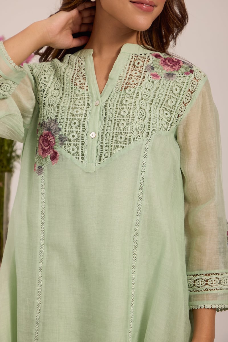 Sea Green Mul Chanderi Lace Yoke Tunic Pant Co-ord Set