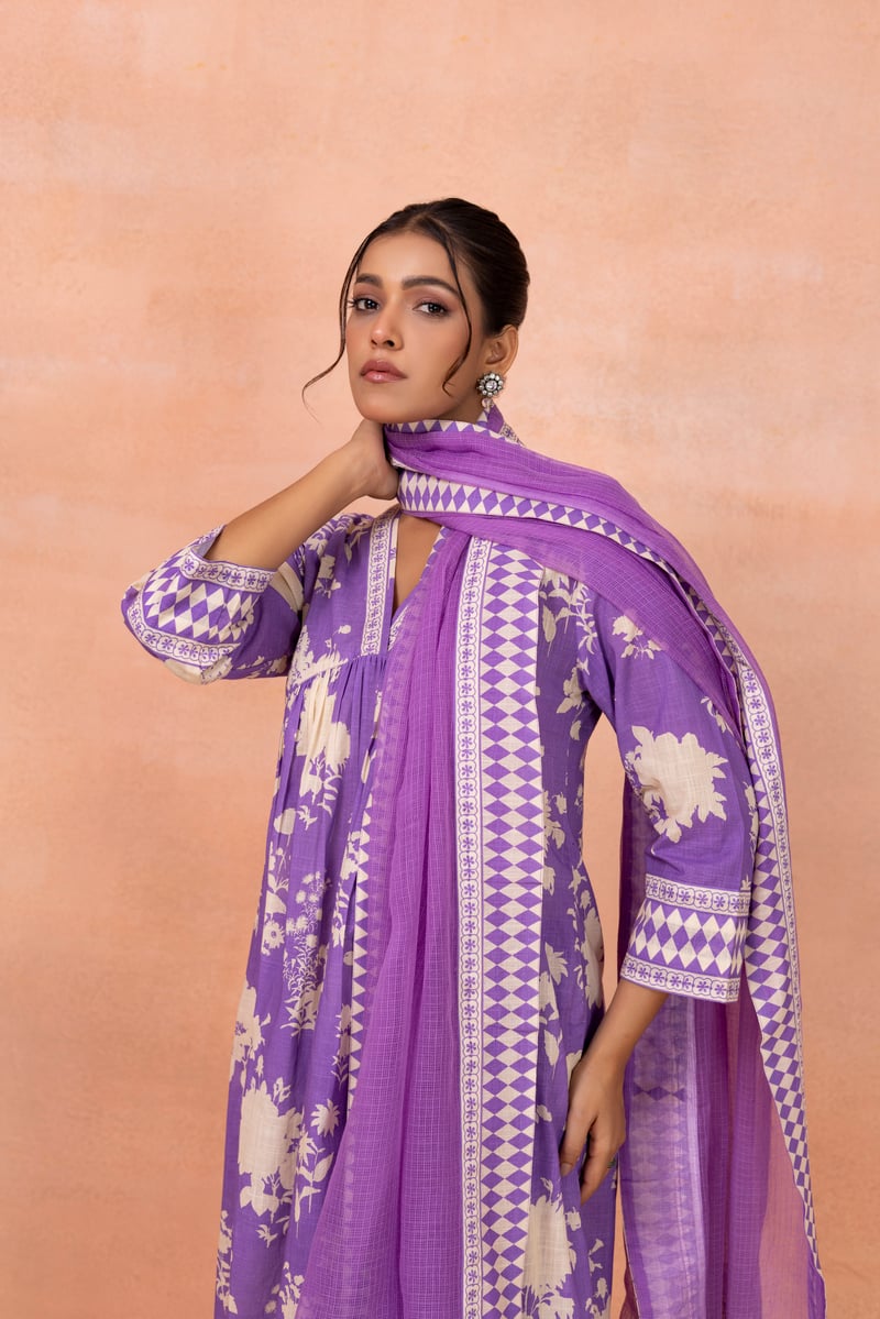 Purple Floral Printed Cotton Kurta Set with Dupatta