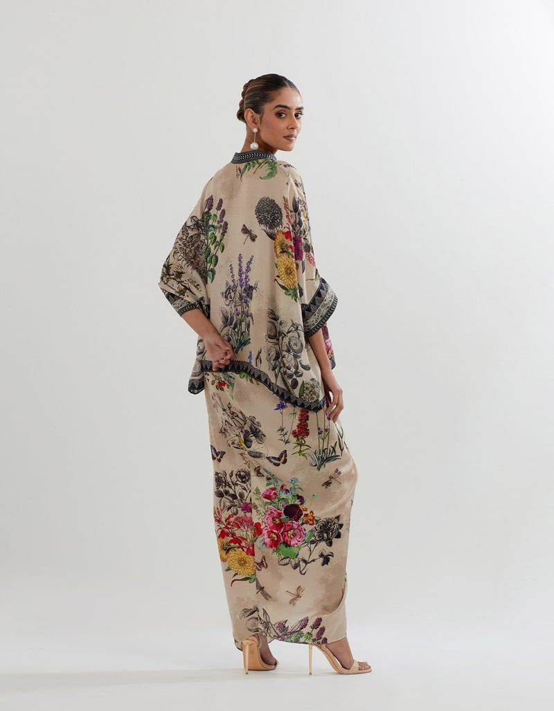 Multicolour Botanical Kaftan Top and Drape Skirt Set