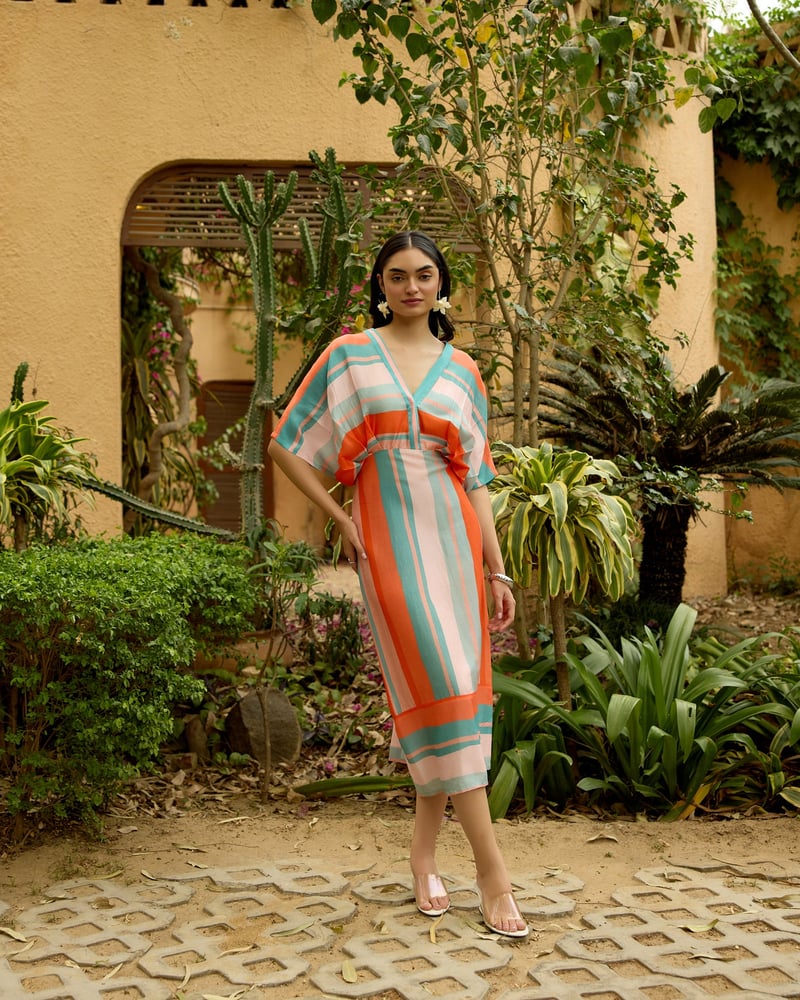 Orange Striped Colorblock Kaftan Midi Dress — Houseofsoi