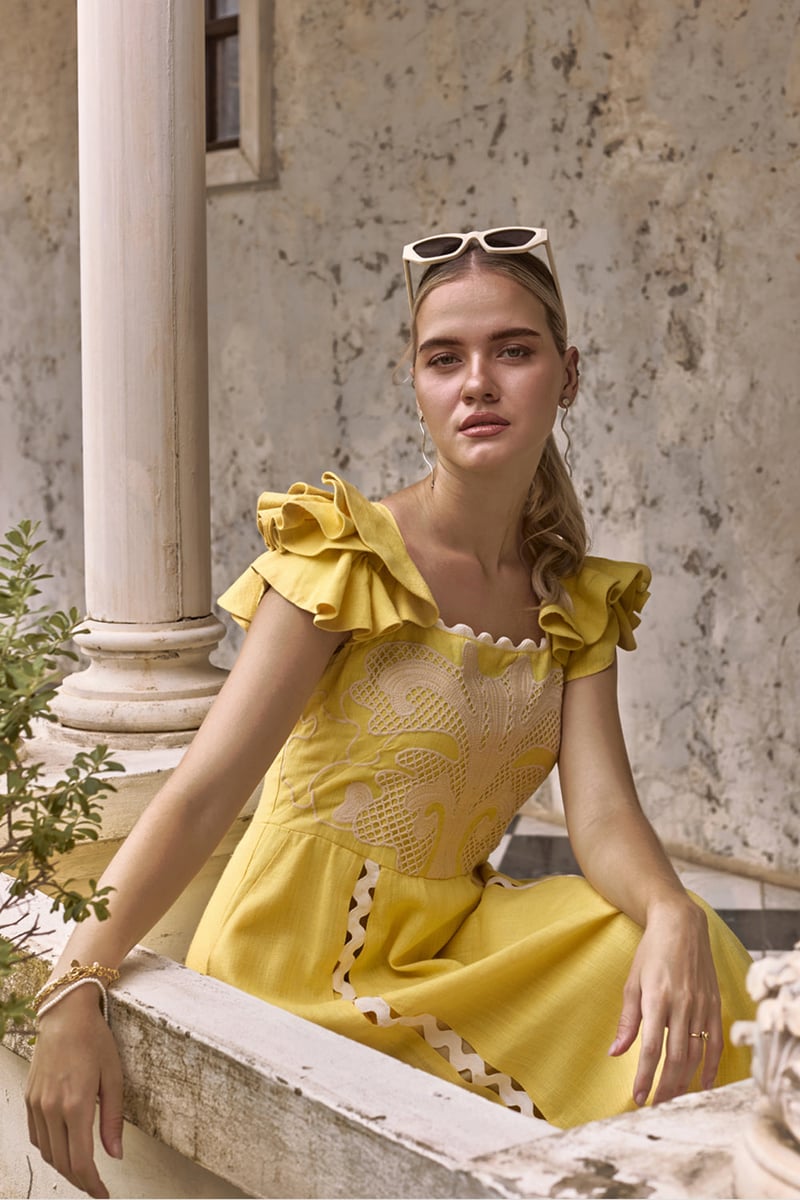 Sunkissed Yellow Linen Embroidered A-Line Midi Dress