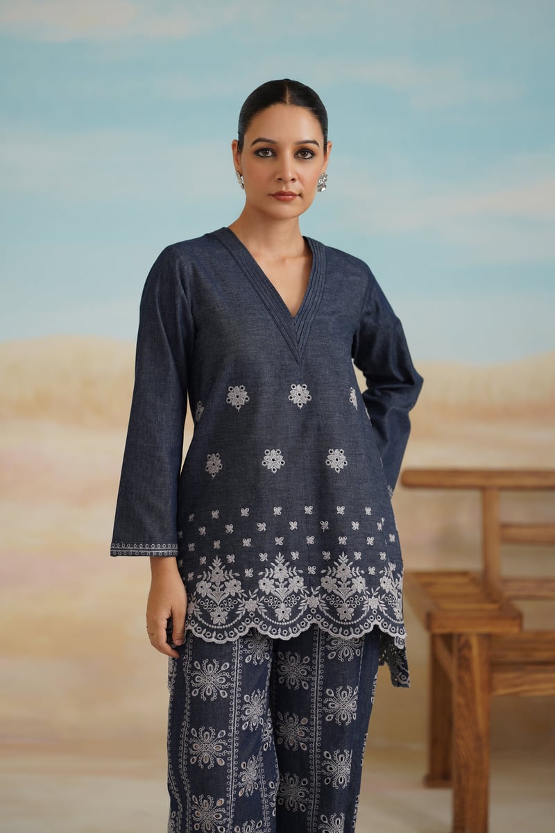 Denim Blue Embroidered Tunic and Wide-Leg Co-ord Set