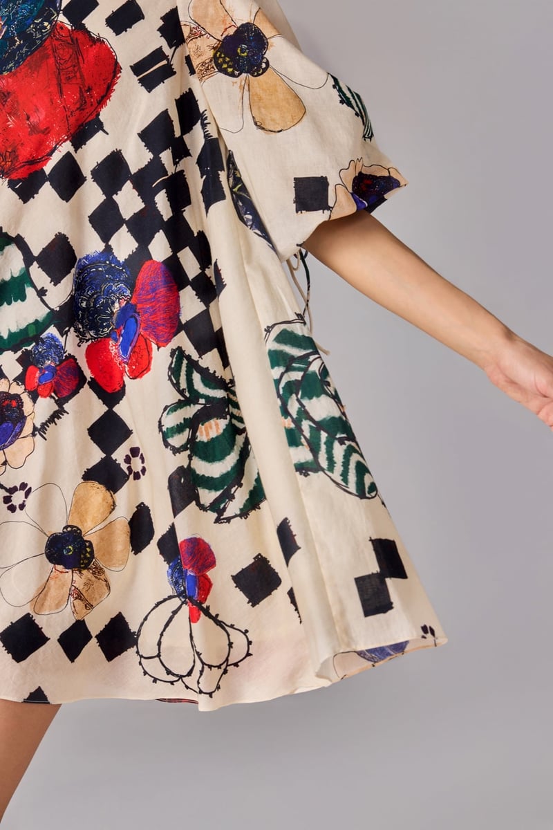 Multi Printed Shift Mini Dress with Bell Sleeves