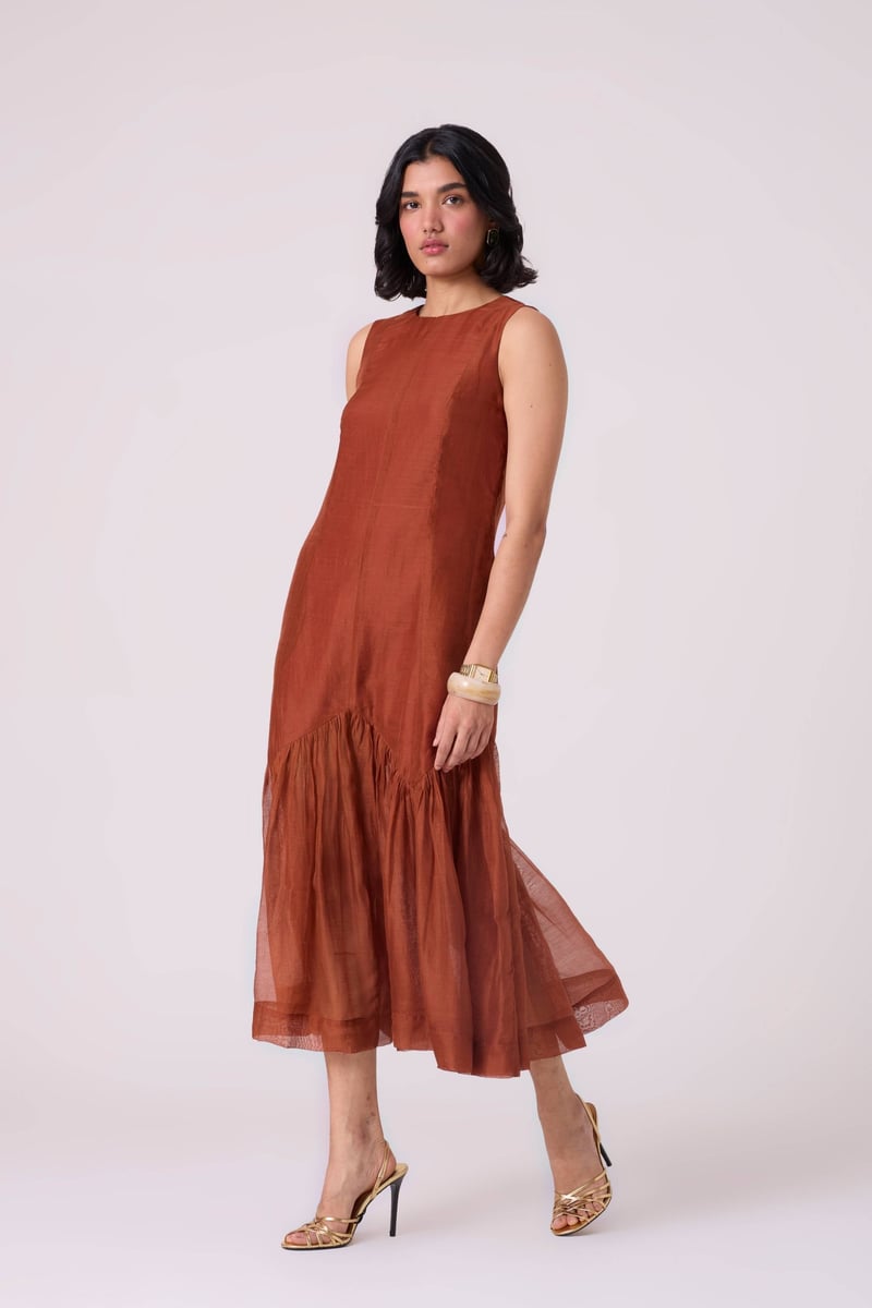 Copper Sleeveless A-Line Tiered Midi Dress