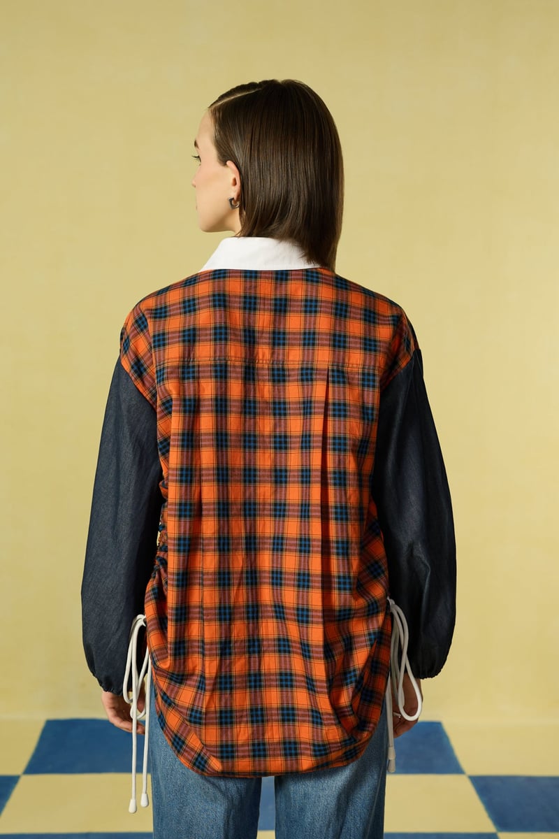 Red and Navy Checked Oversized Shirt with Side Drawstrings