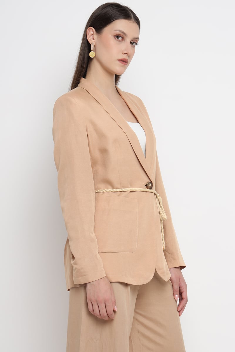 Beige Belted Single-Button Tailored Blazer