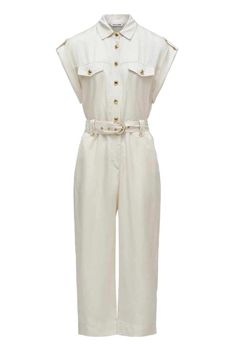 Light Beige Belted Shirt Jumpsuit with Button Front