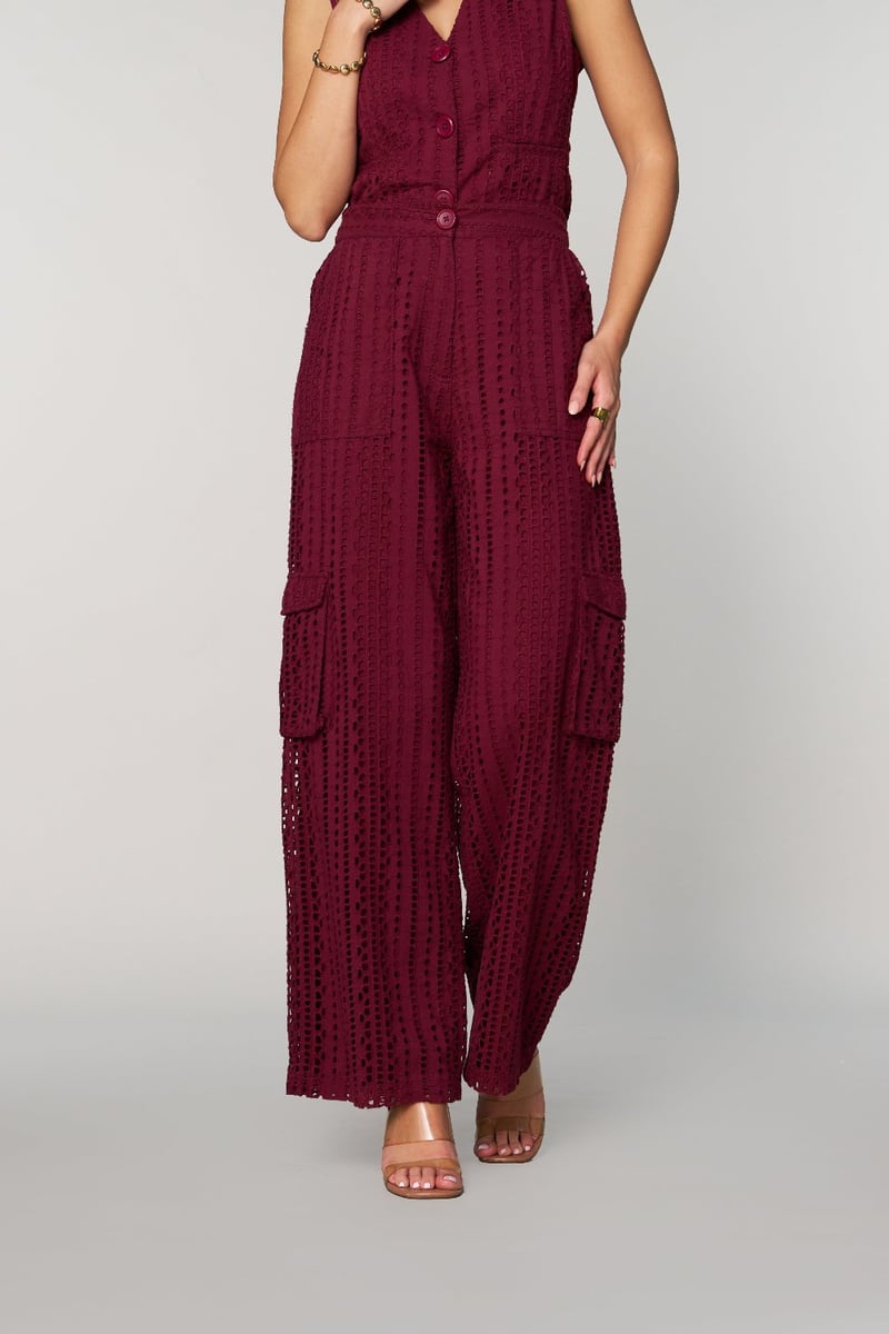 Wine Schiffli Cutwork Wide-Leg Cargo Pants