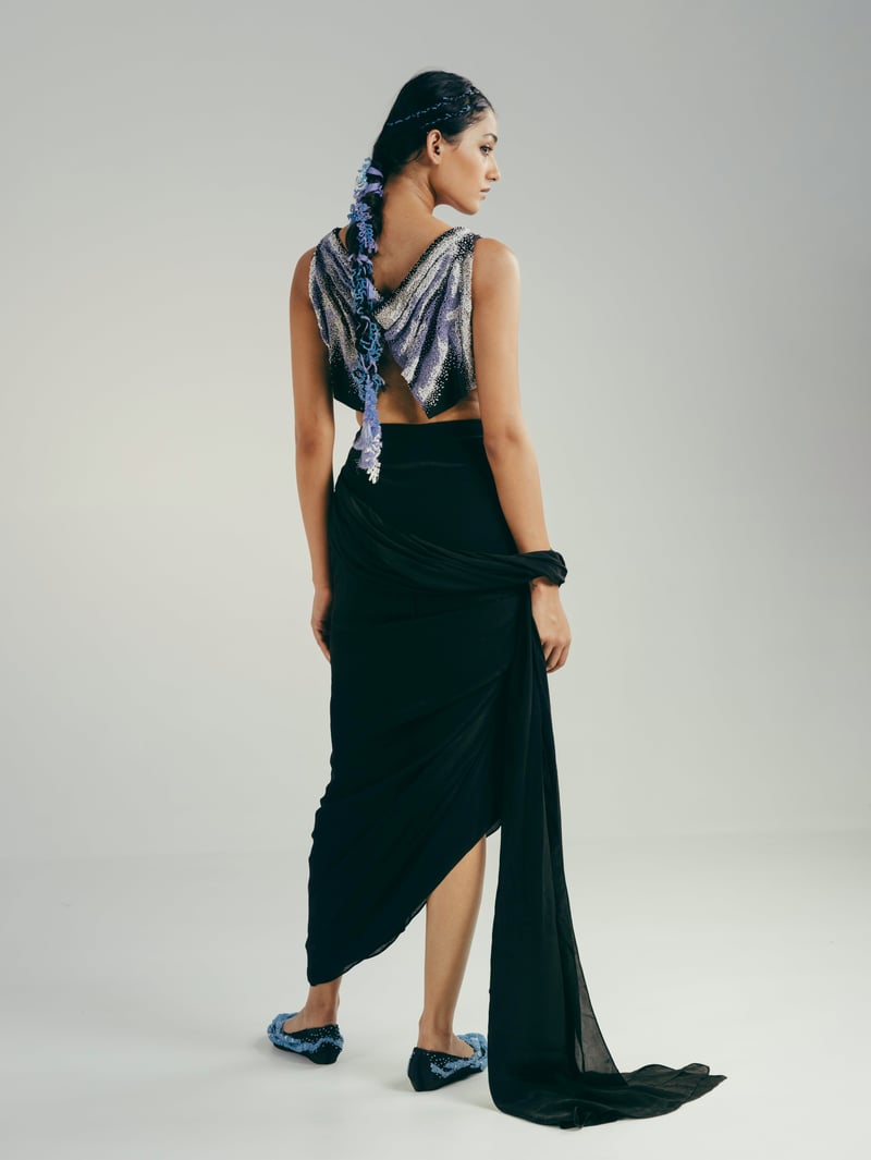 Black Embellished Bustier and Draped Saree Skirt Co-ord Set