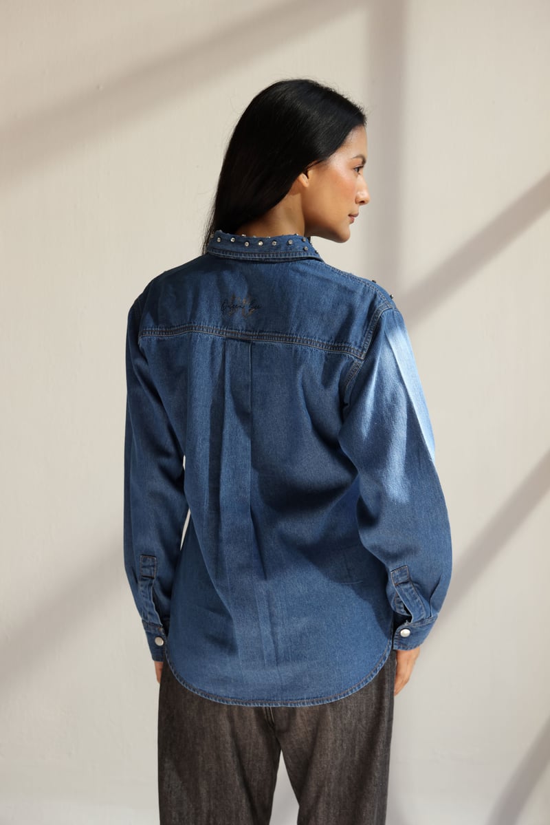 Blue Studded Denim Snap-Button Shirt