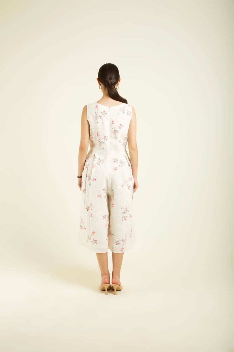 Ivory Floral Printed Linen Jumpsuit with Organza Jacket Set
