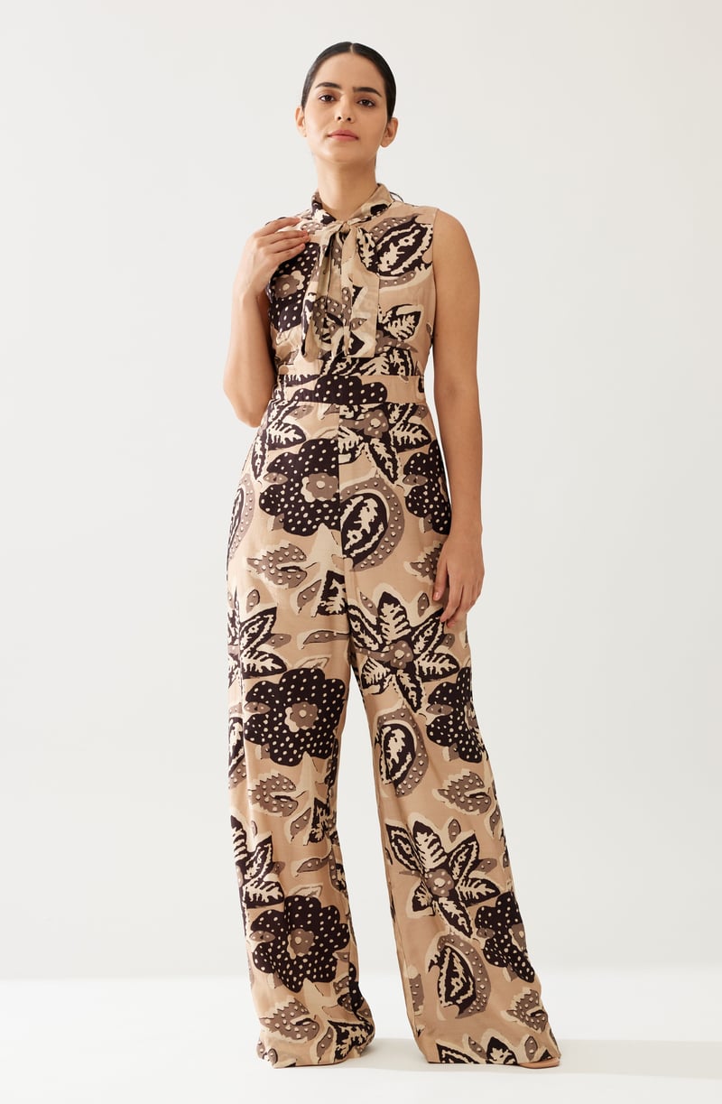 Cream And Dark Brown Floral Bow Tie Jumpsuit
