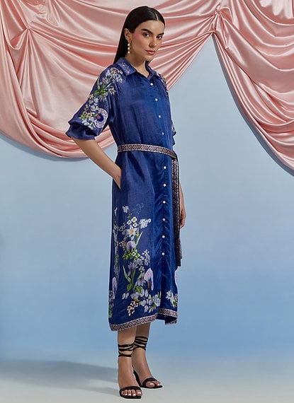 A.F Blue Belted Shirt Midi Dress with Floral Motifs