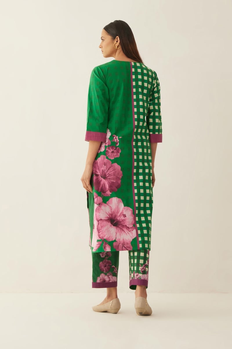 Green Cotton Gingham checks and floral co-ord set