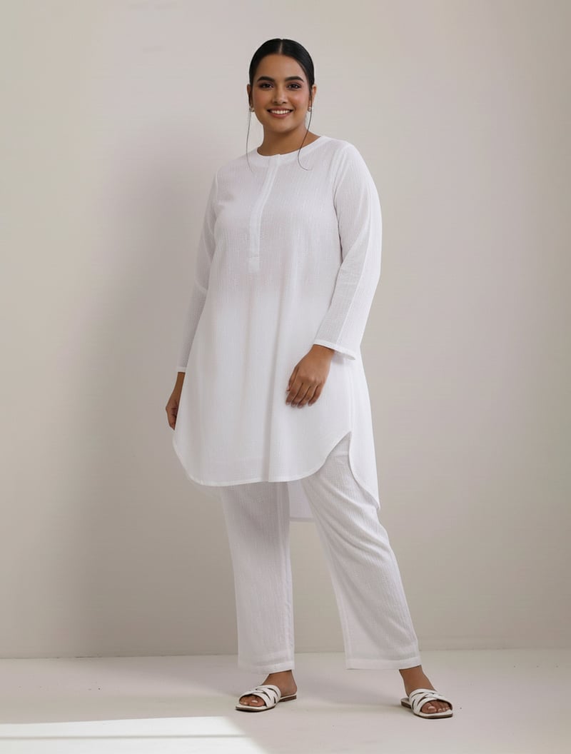 White Cotton Dobby Kurta and Pants Co-ord Set