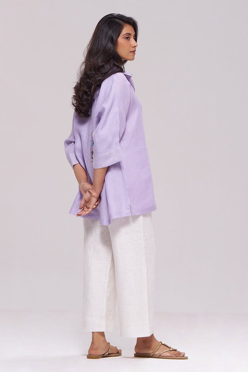 Pastel Lilac Pure Linen Relaxed-Fit Shirt with Appliqué Back