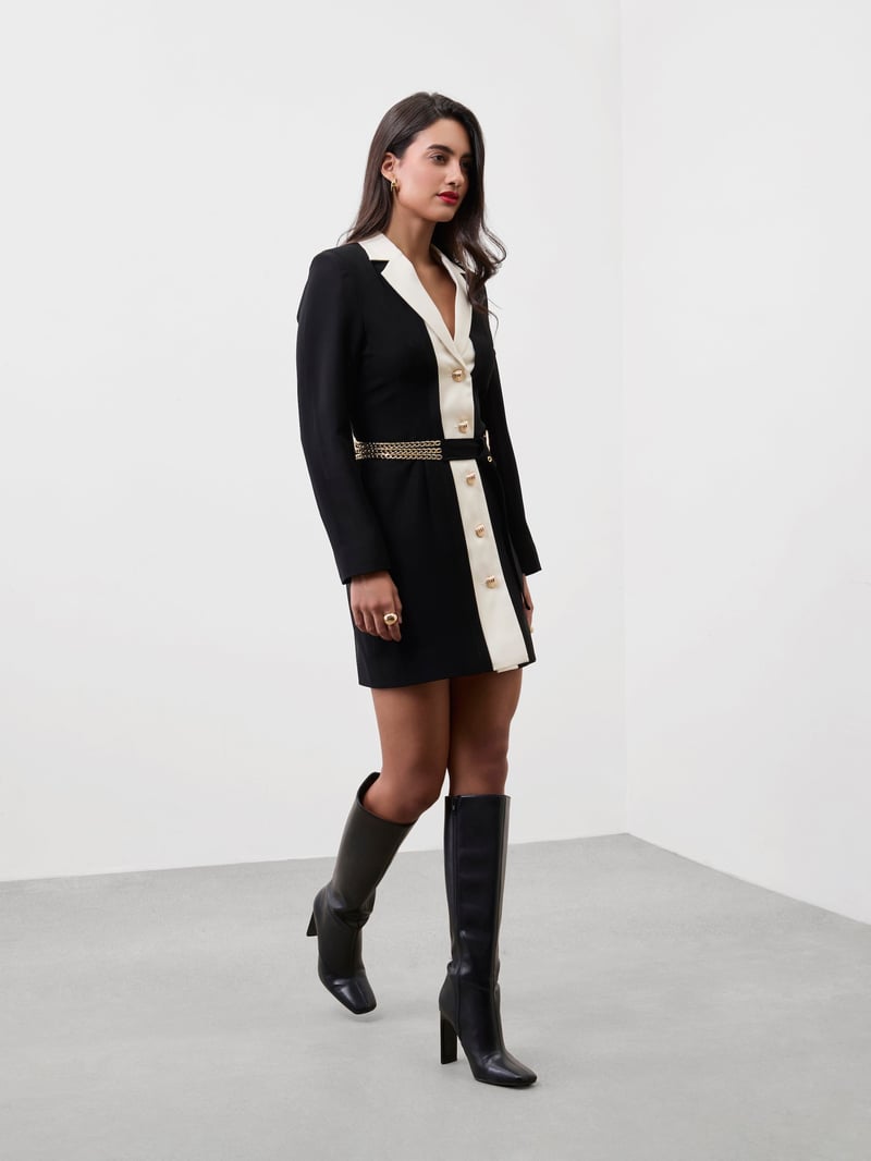 Black and White Colorblock Blazer Mini Dress with Chain Belt