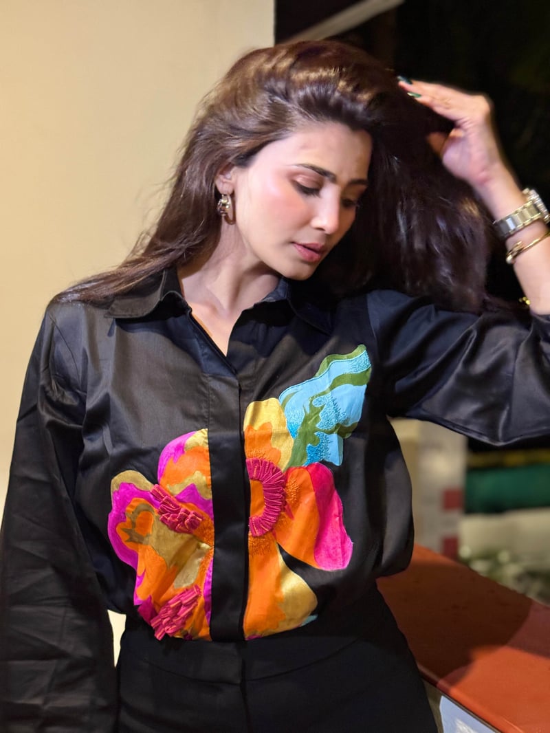 Black Floral Print Satin-Finish Cotton Shirt