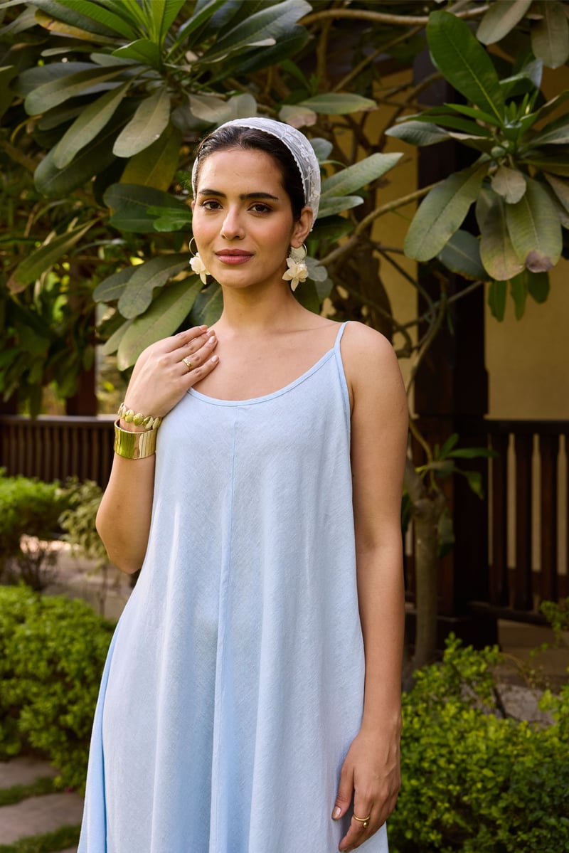 Light Blue Asymmetrical Hem Strappy Maxi Dress