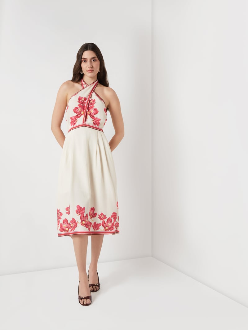Cream/Pink Floral Halter Fit and Flare Midi Dress — Needle Ten